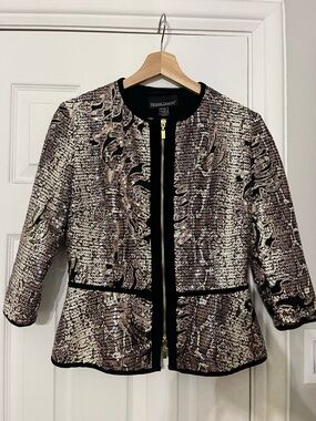 Frank Lyman Design Rose Gold Sequin Zip Jacket with Black Trim